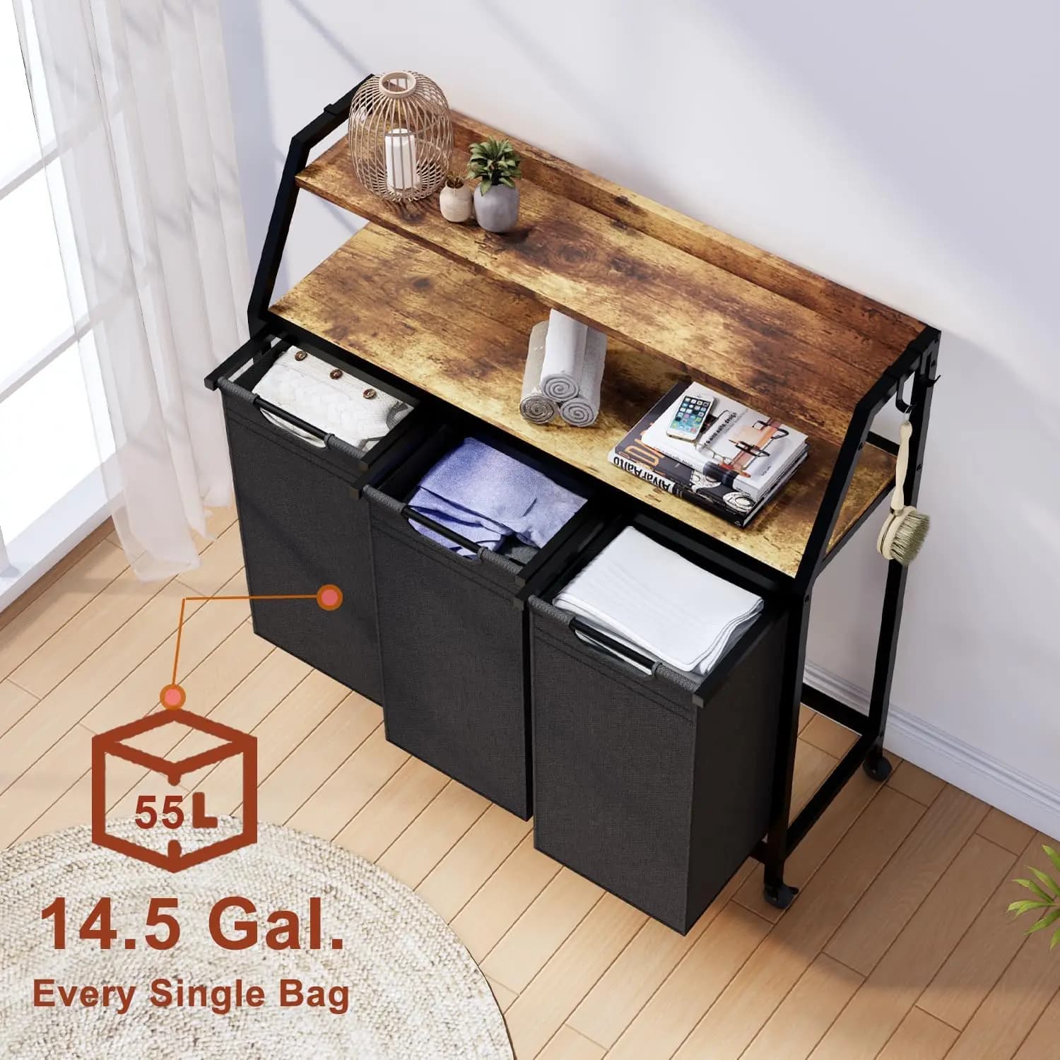 Selector for 3 sections linen, basket for underwear with wheels, 2 shelves, 3 × 14,5 gal, removable and removable Oxford fabric bags