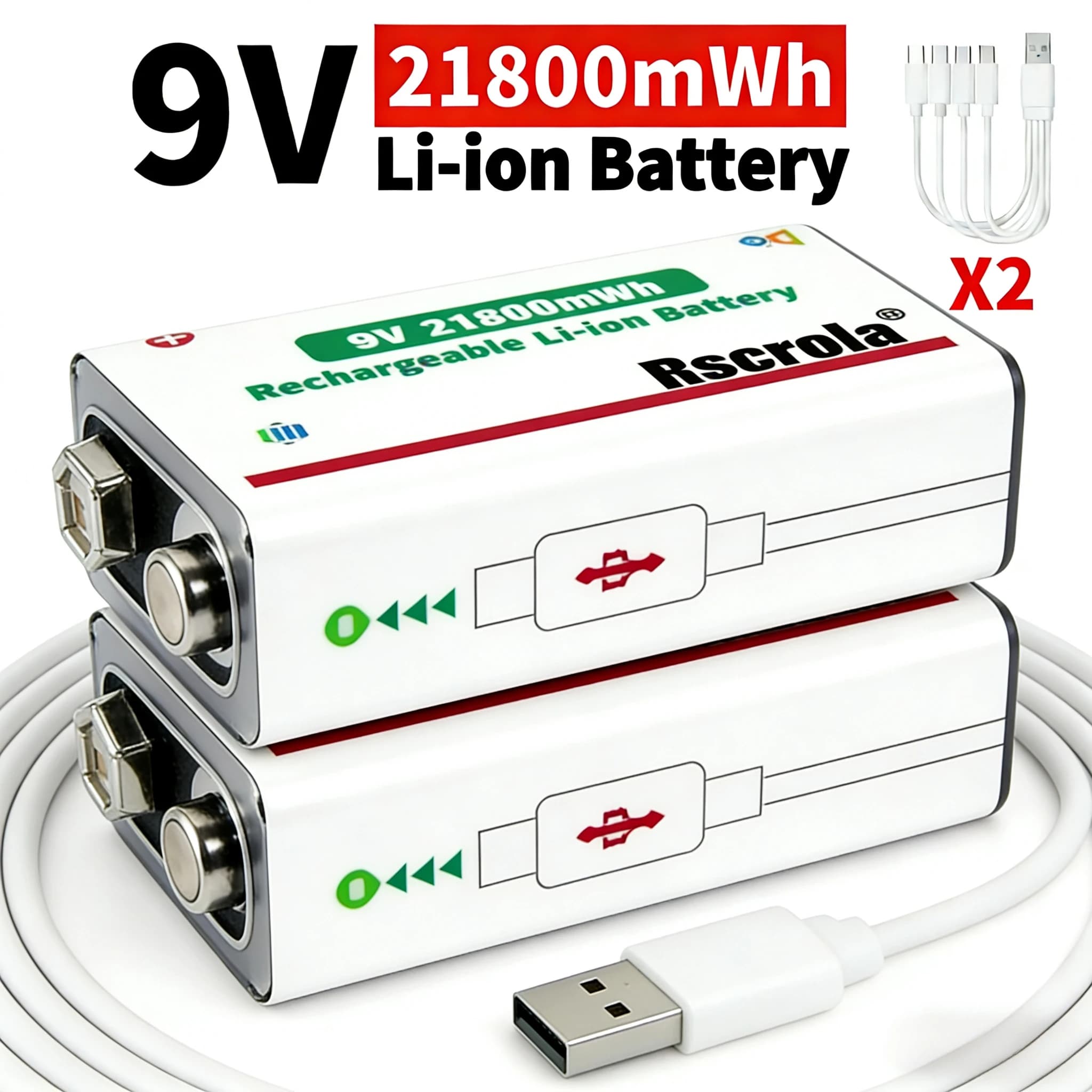 Batteria al Litio Ricaricabile 9V 21800mWh a Lunga Durata con Cavo per Pedali Chitarra, Microfoni, Rilevatori di Fumo