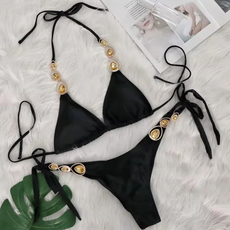 Set Bikini di Lusso con Cinturini in Cristallo, Costume da Bagno da Donna per Vacanze al Mare