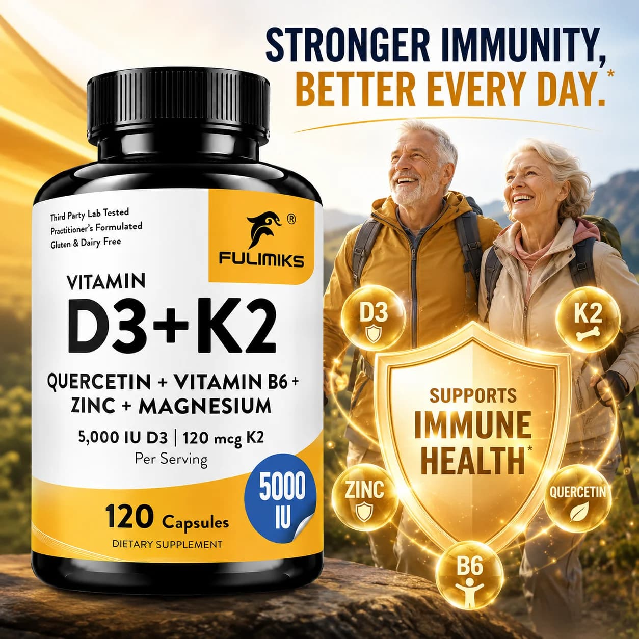 Vitamin D3 K2 Supplement, 6-in-1, with Magnesium Zinc B6 Quercetin, Support Bone Joint Strength, Immune, Energy Boost,for Adults