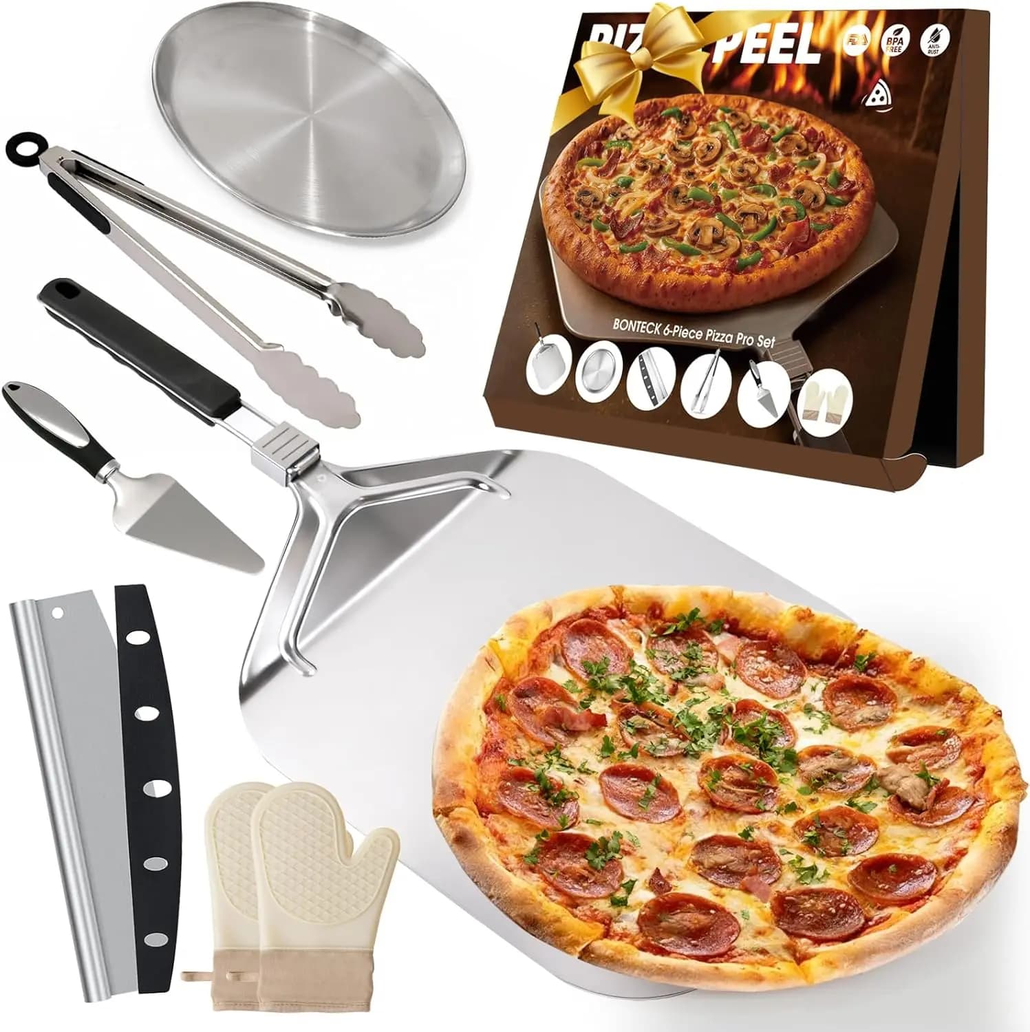 Kit Spatola per Pizza in Alluminio, Paletta per Pizza in Metallo | Accessori per Forno con Manico da Pollice e Taglierina a Bilanciere