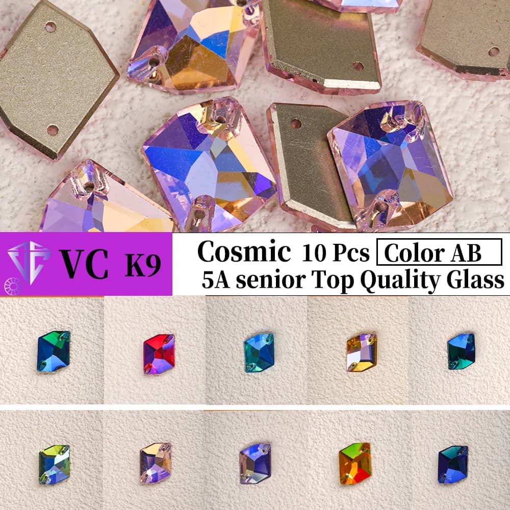 K9 Cosmic 10 pezzi colorati AB pulsante per trapano in vetro a doppio foro con fondo piatto, borsa per scarpe da trapano cucita a mano, accessori per abiti da sposa fai da te