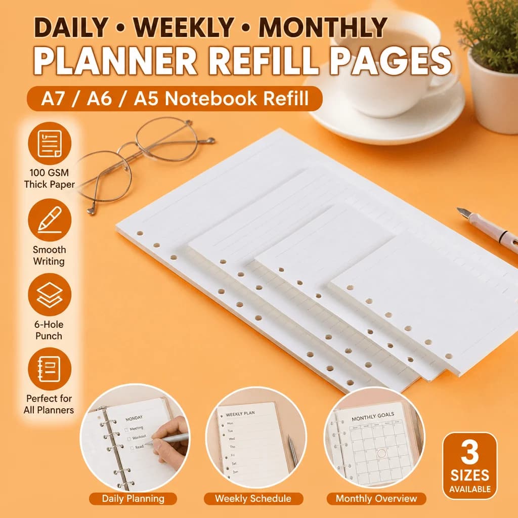 A5 A6 A7 Planner Refill Pages 6 Hole Loose Leaf Notebook Daily Weekly Monthly Grid Dot Inserts for Ring Binder Journal Planner