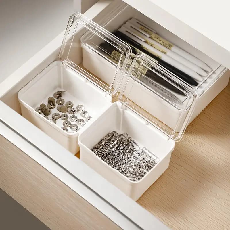 Scatola portaoggetti con coperchio trasparente a doppia apertura - Contenitore organizer multiuso per cancelleria, cosmetici e piccoli oggetti domestici