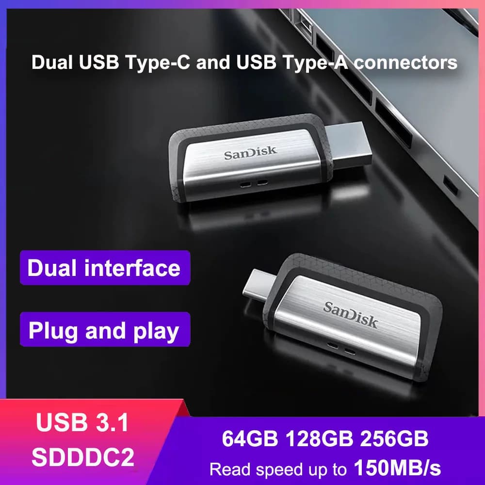 SanDisk SDDDC2 Ultra Dual Drive USB Type-C 64G 128G 256GB OTG USB3.1 con prestazioni fino a 150MB/s, doppia porta USB Type-C e USB Type-A