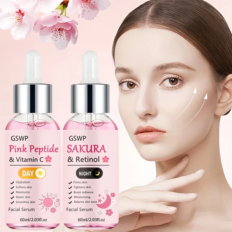 GSWP Cherry Blossom Retinol Peptide Vitamin Essence contiene niacinamide, vitamina C mattutina e essenza di vitamina A serale. 2 pezzi.