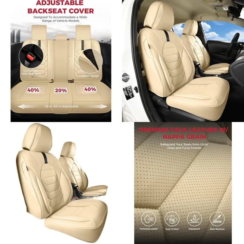 Set di Coprisedili Universali Impermeabili e Traspiranti in Ecopelle per Veicoli a 5 Posti - Beige