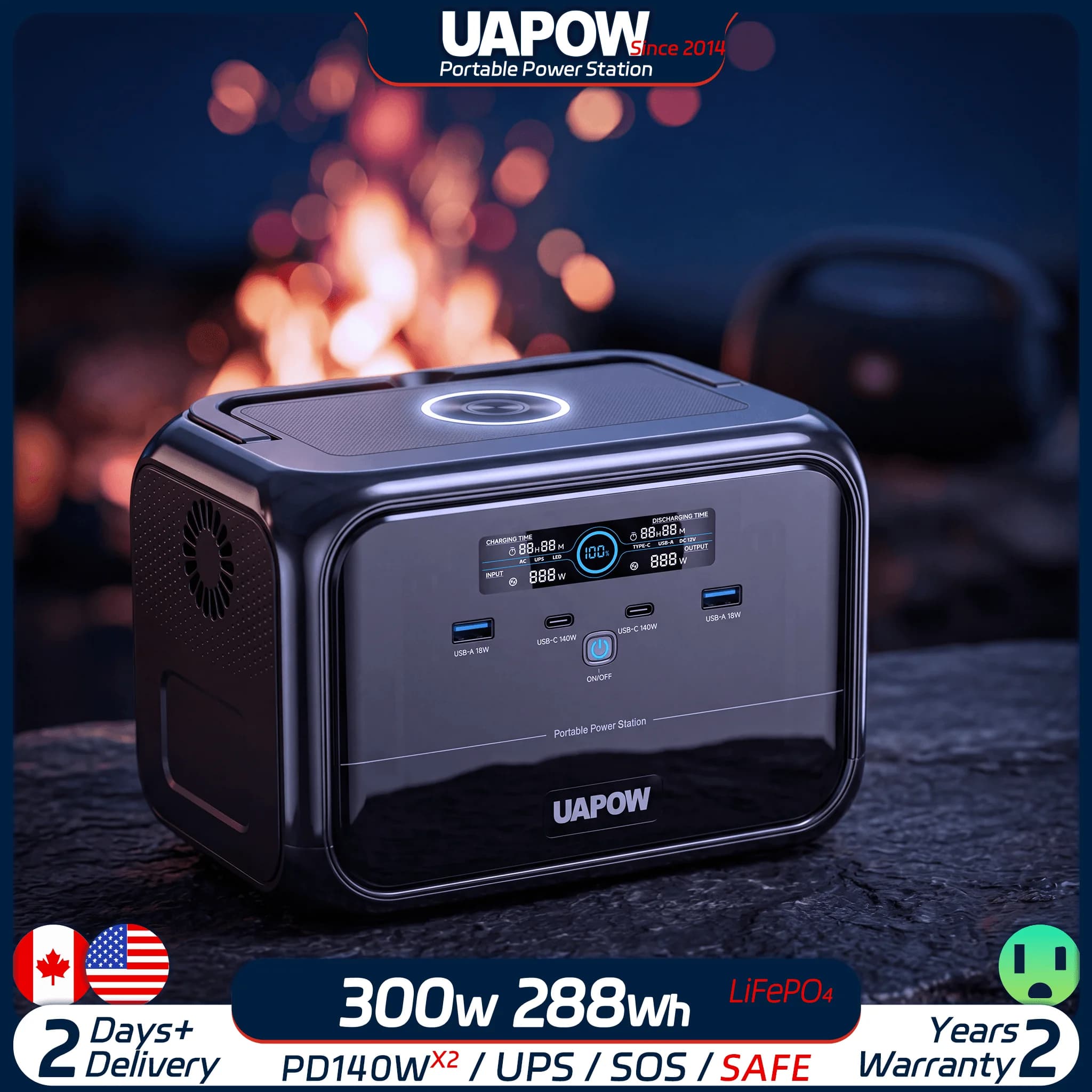 Uapow 288Wh Alimentatore per Campeggio e Viaggi, 3kg Leggero, Facile da Trasportare nel Bagagliaio Lampada da Campeggio 300W con Ventilatore Portatile, 7 Porte per Ricaricare Telefoni Cellulari e Walkie-Talkie Pannello solare da 100W, completamente ricaricato dopo un giorno di sole al campeggio.