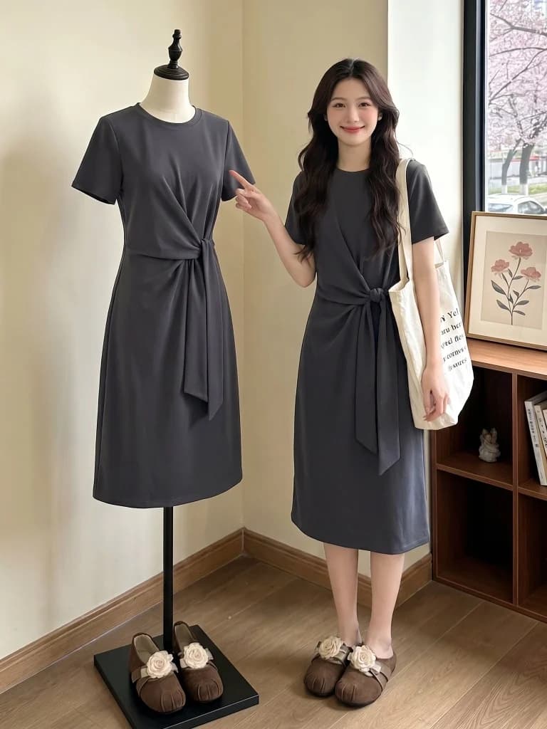 Elegante Abito Grigio a Mezza Lunghezza da Donna Taglie Forti, Nuovo Stile Estivo con Cintura in Vita, Vestito Tubino Dritto Casual