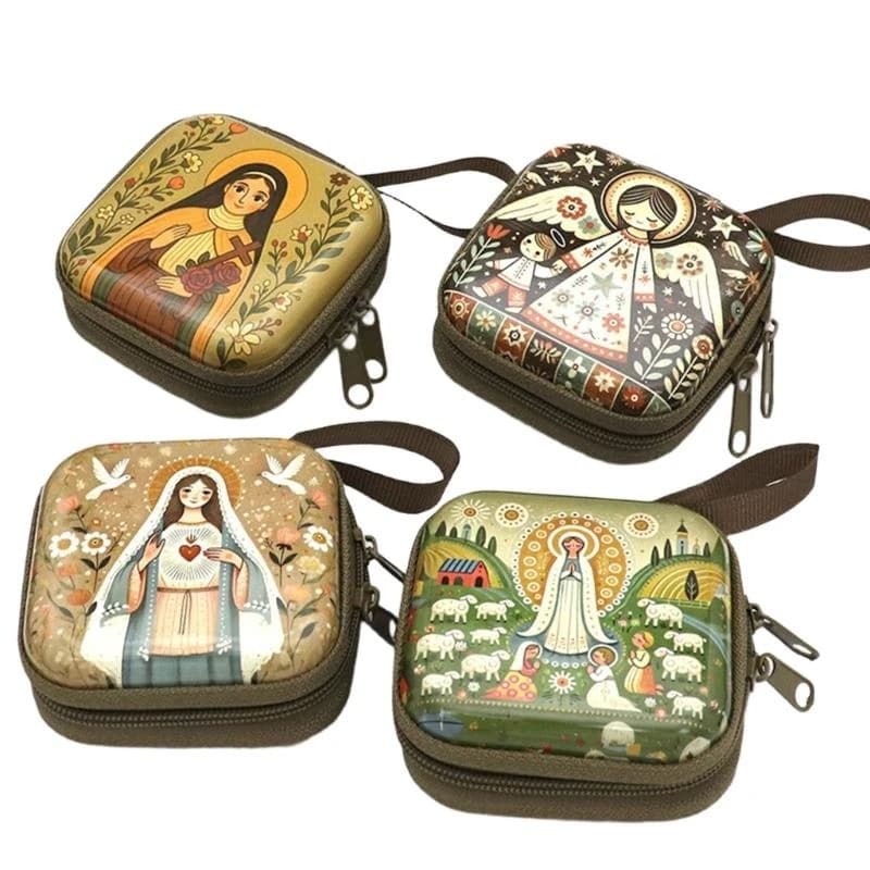 Custodia per rosario cattolico Scatola portaoggetti per gioielli religiosi Portamonete Borsa per preghiera del rosario