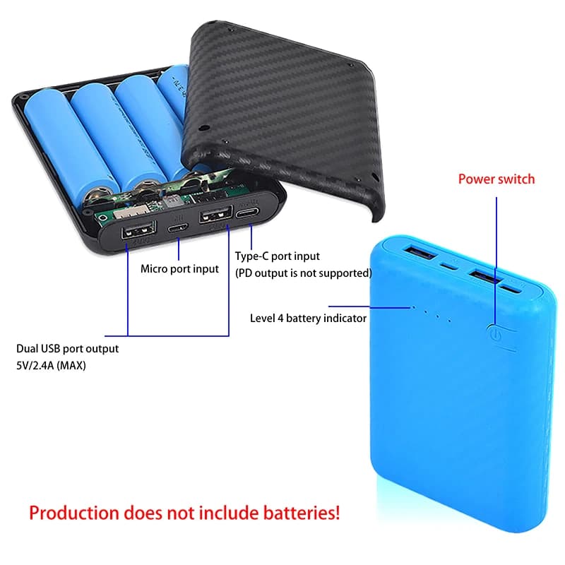 Contenitore per 4 Batterie 18650, Mini Alimentatore Senza Saldatura, Kit Fai-da-Te per Alimentazione, Custodia per Casa, Esterni e Altre Occasioni