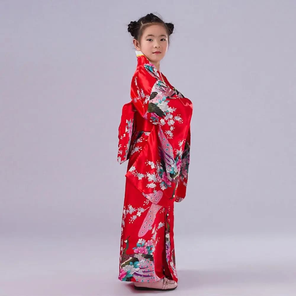 Japanese Kimono Bathrobe for Children with Obi, Yukata Japanese Style Dress, Cosplay Costume with Reason Cherry Flowers for Halloween