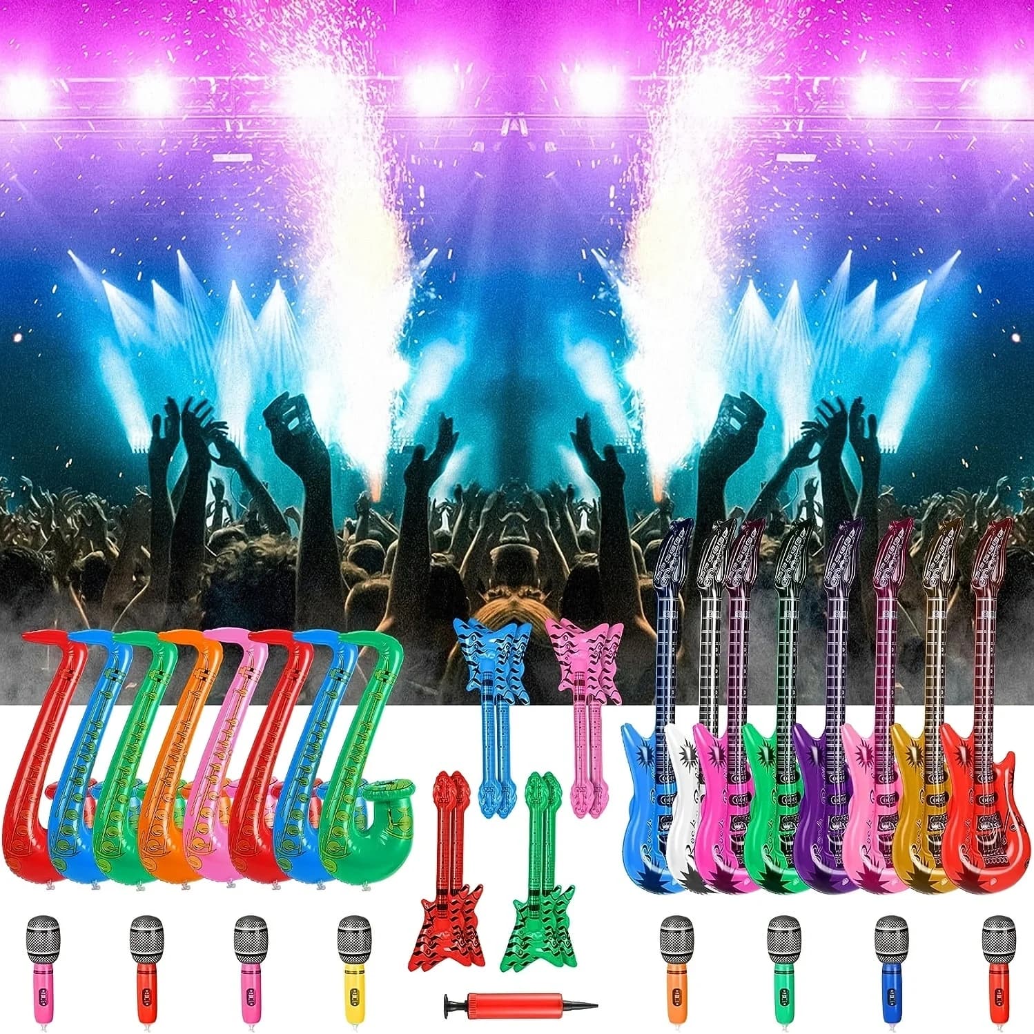 20 Pack includes 6 inflatable microphones, 4 guitars, 1 saxophone, 1 keyboard, 1 radio, 6 glasses and 1 pump ( random color)