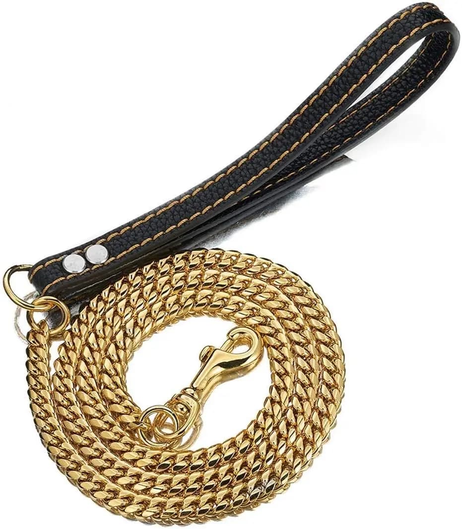 Guinzaglio per Cani in Acciaio Inox Dorato 3FT 4FT 5FT con Manico in Pelle, Catena a Maglia Cubana da 12mm per Cani Forti