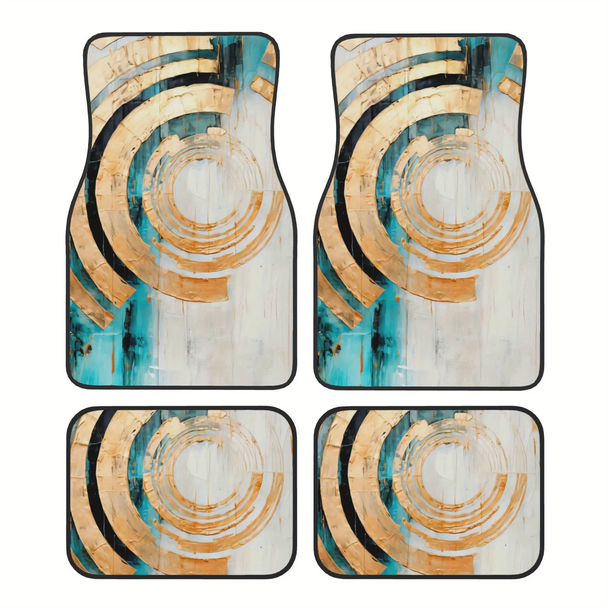 4pcs Car Floor Mats With Golden & Blue Abstract Spiral Design On White - Non-Slip Polyester All-Season Mats, Easy Clean Auto Int