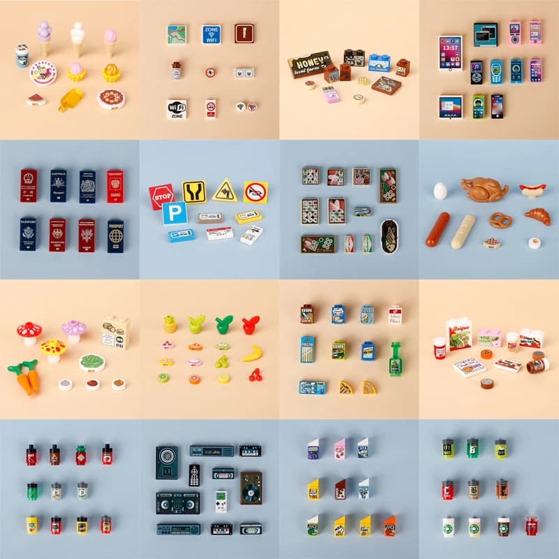 Parti stampate MOC Figure Accessori Building Block Poster del film Bottiglia di condimento Segno alimentare Oggetti di scena decorativi Mini giocattoli in mattoni