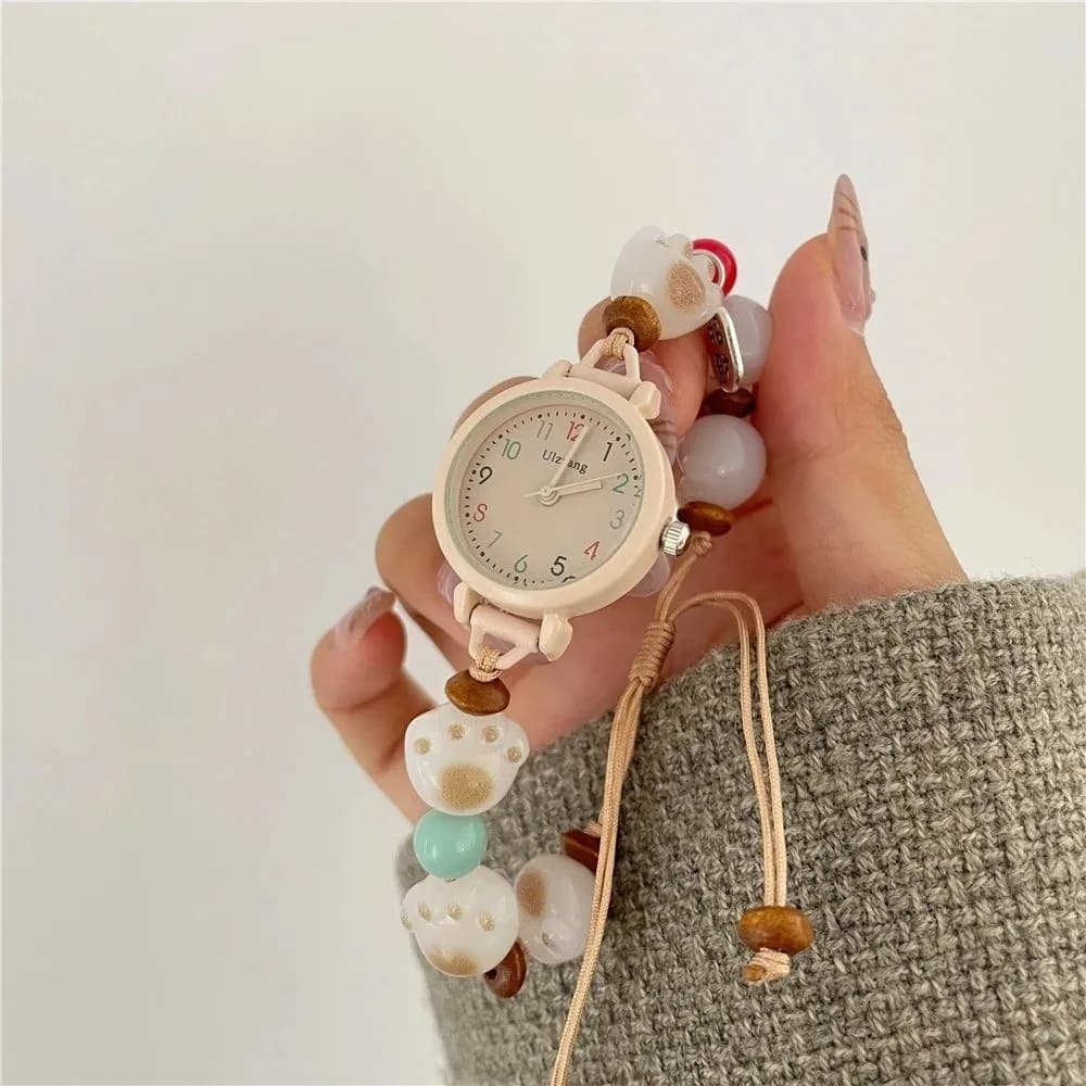 Nuovo Orologio da Polso a Forma di Zampa di Gatto, Regolabile, Fatto a Mano, con Ciondolo e Perline, Orologio al Quarzo per Donne e Ragazze