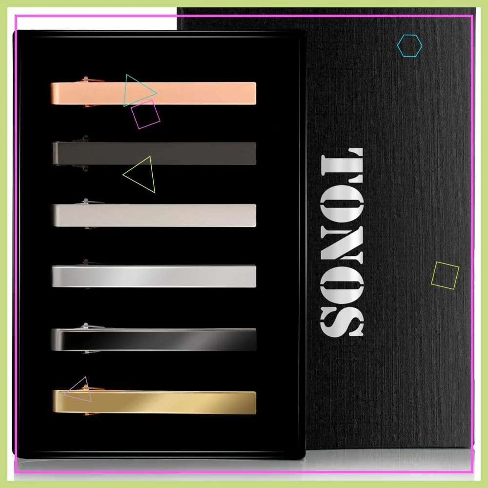 Set di 6 Fermacravatte per Uomo - Nero Lucido e Opaco, Argento, Oro - Confezione Regalo Elegante, Perfetto per Matrimoni, Padri, Mariti