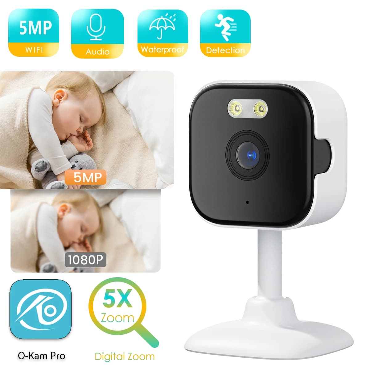 BESDER 5MP Mini Wifi Telecamera IP Rilevamento umano per interni Zoom 5X Sorveglianza Baby Monitor Mini CCTV per interni Telecamera PTZ O-Kam Pro APP