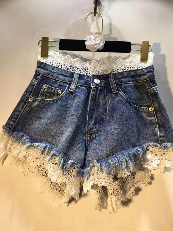 Pantaloncini Jeans Donna Slim Fit con Pizzo, Gamba Larga, Stile Coreano, Patchwork, in Misto Cotone Estivo, per il Lavoro e il Tempo Libero