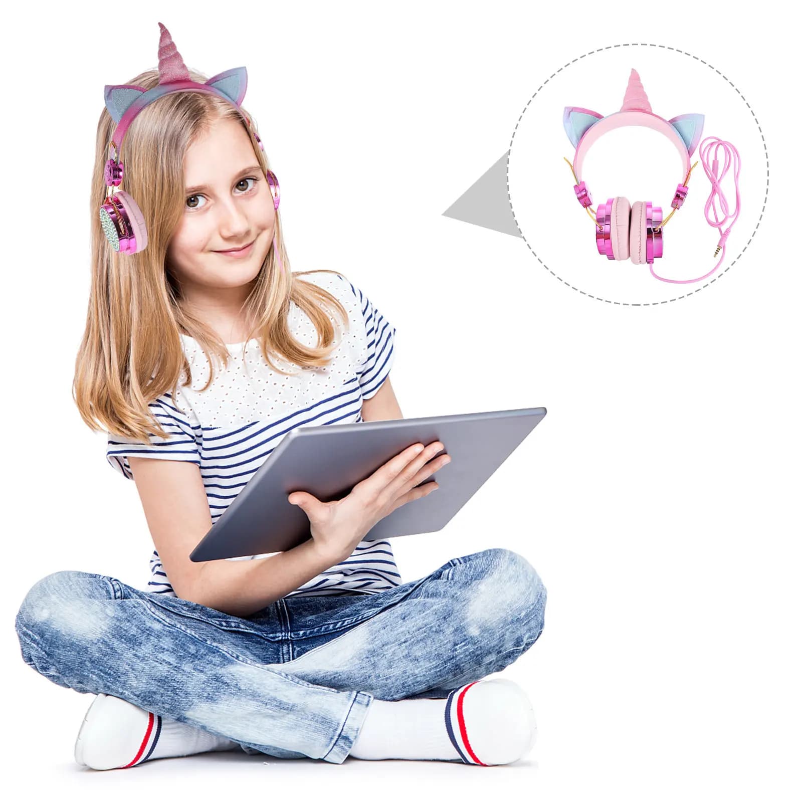 Cuffie Gaming con Cavo a 3,5 mm, Regolabili, con Orecchie da Gatto e Corno da Unicorno, per PC e Smartphone