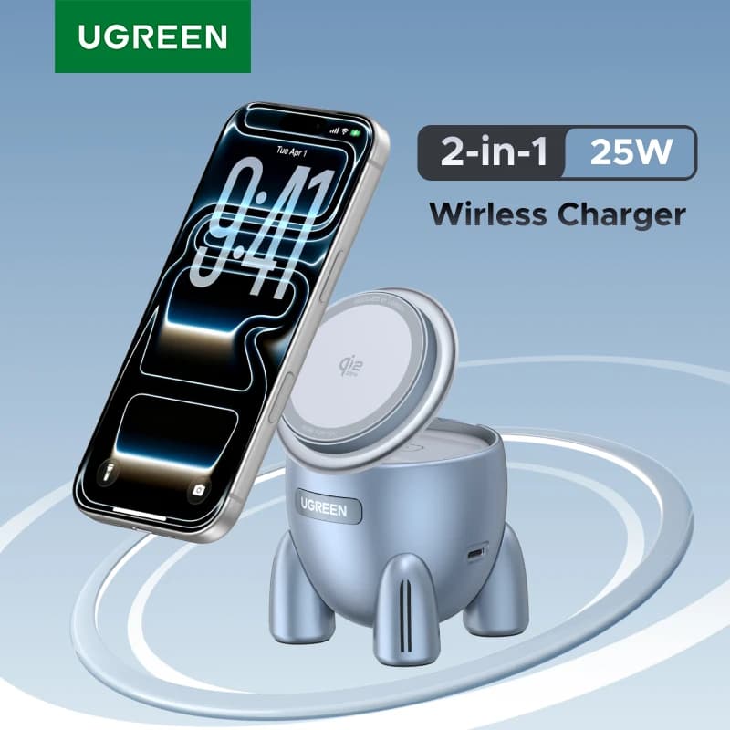 UGREEN Magflow Qi2.2 25W Caricatore Wireless Magnetico 2 in 1 Innovativo Stile Rocket per iPhone 17 16 Pro Max Ricarica Rapida