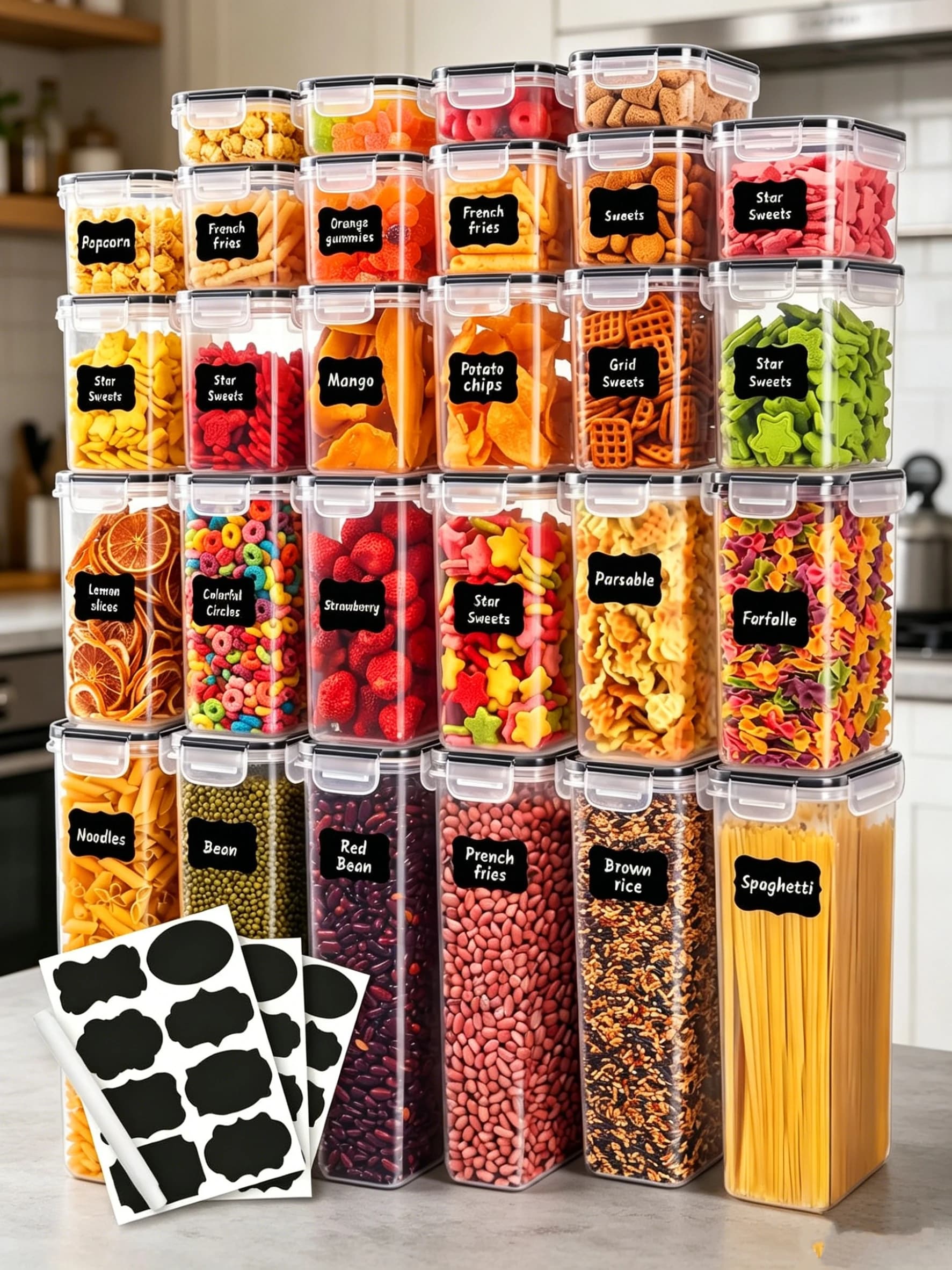Set di 36 Contenitori per Alimenti con Coperchi, Organizzazione e Conservazione in Cucina, Contenitori per Cibi Secchi, per Biscotti, Cereali, Pasta, Farina, Zucchero, Etichette, Pennarelli, Lavabili in Lavastoviglie, Contenitori in Plastica per Alimenti