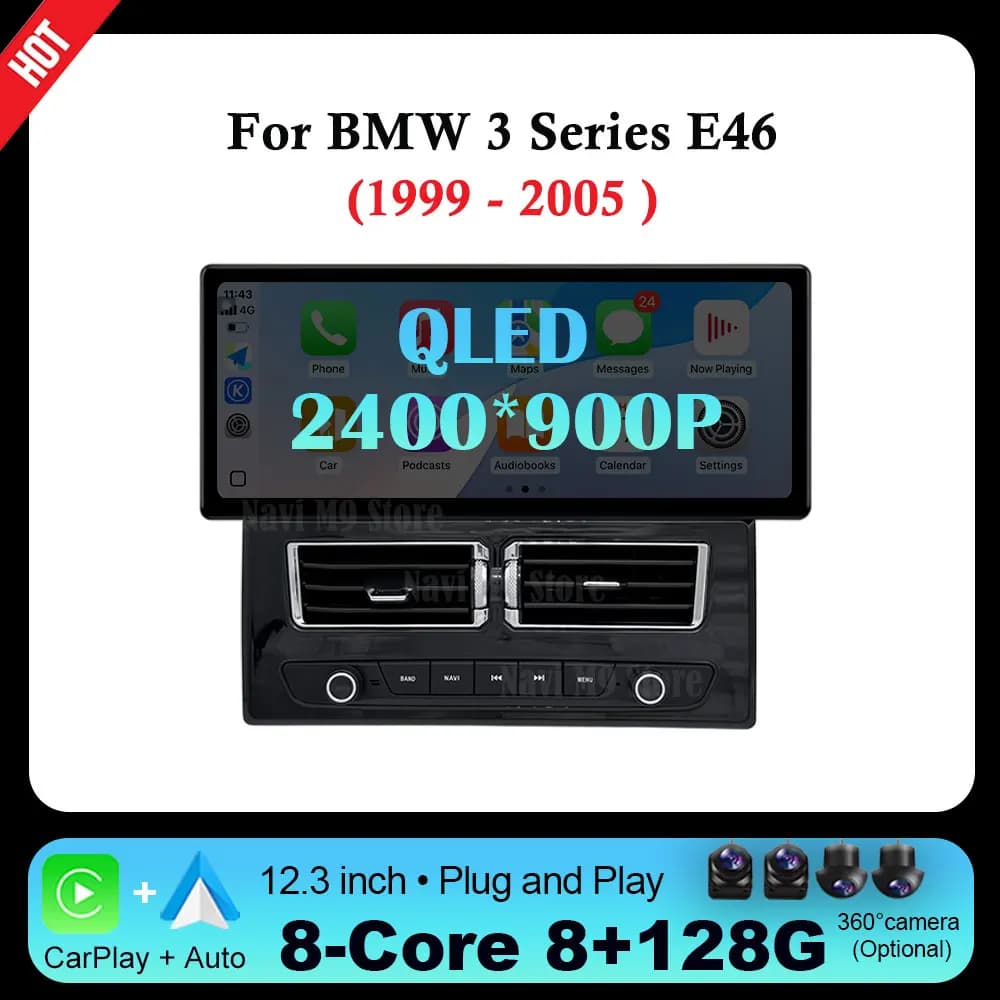 Android 16 QLED 2400*900P For BMW 3 Series E46 1999 - 2005 Car Multimedia Player Wireless CarPlay Bluetooth GPS Navigation