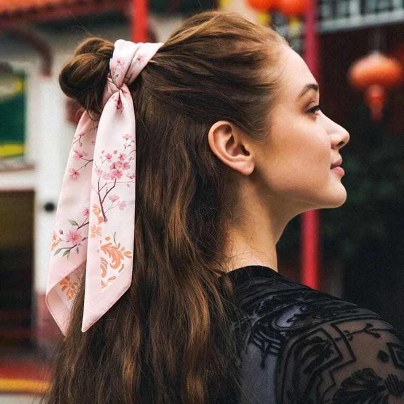 Sciarpa Sottile in Seta Satinata da Donna alla Moda, con Motivo Floreale Acquerello Fiori di Ciliegio, Utilizzabile come Sciarpa per Capelli, Sciarpa per Collo, Fascia per Capelli, Elastico per Capelli o Accessorio per Borsa, per Ragazza