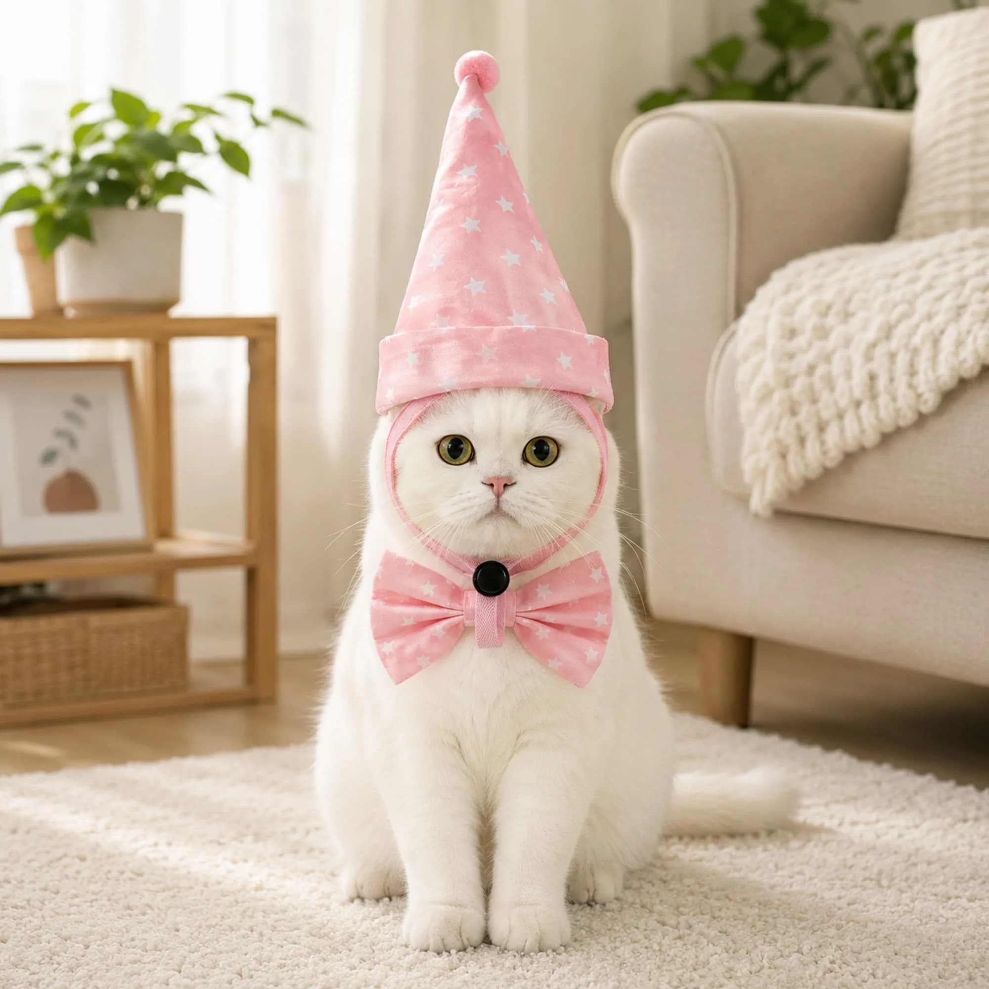 Pet Cat Birthday Hat Bow Tie Set, Adjustable Elastic Strap Cute Star Crown Print Party Costume Headwear for Kitten Small Dogs