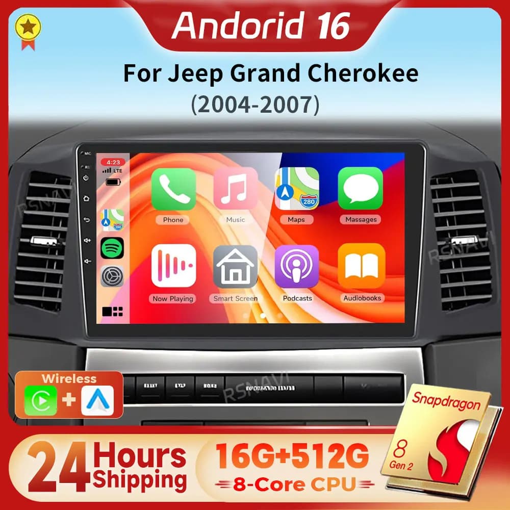 Autoradio Android 16 Qualcomm con Carplay, Schermo 2K, Lettore Multimediale per JEEP Grand Cherokee 2004 - 2007, Snapdragon