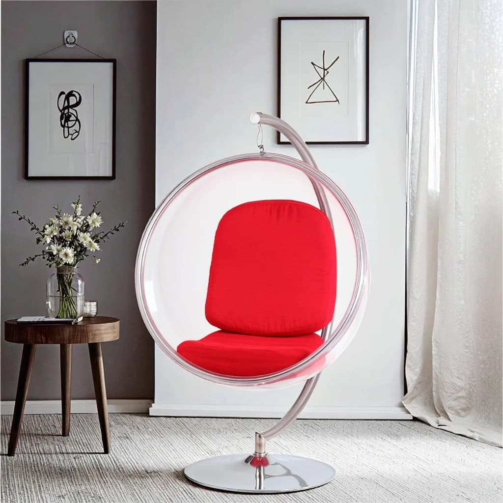 Transparent acrylic bubble chair with silver pillow, swivel design, extendable metal legs, home furniture with reclining function for bedroom