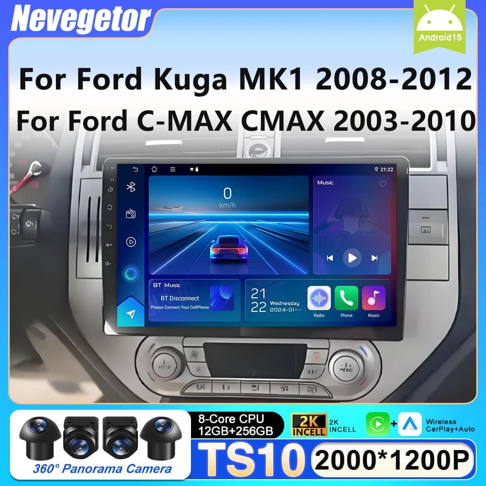 Autoradio Android 16 con Carplay per Ford Kuga MK1 2008-2012 e Ford C-MAX CMAX 2003-2010, Navigazione, Lettore Multimediale Video, 4G WiFi