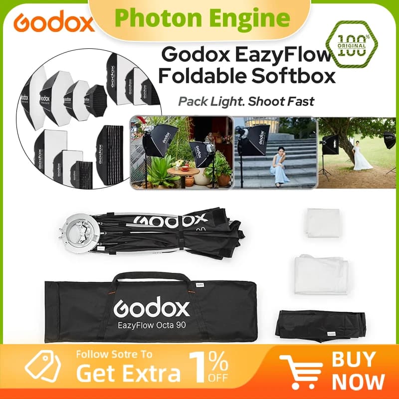 Softbox pieghevole Godox serie EazyFlow con attacco Bowens, diffusore di luce portatile a montaggio rapido per flash da studio fotografico e illuminazione LED.