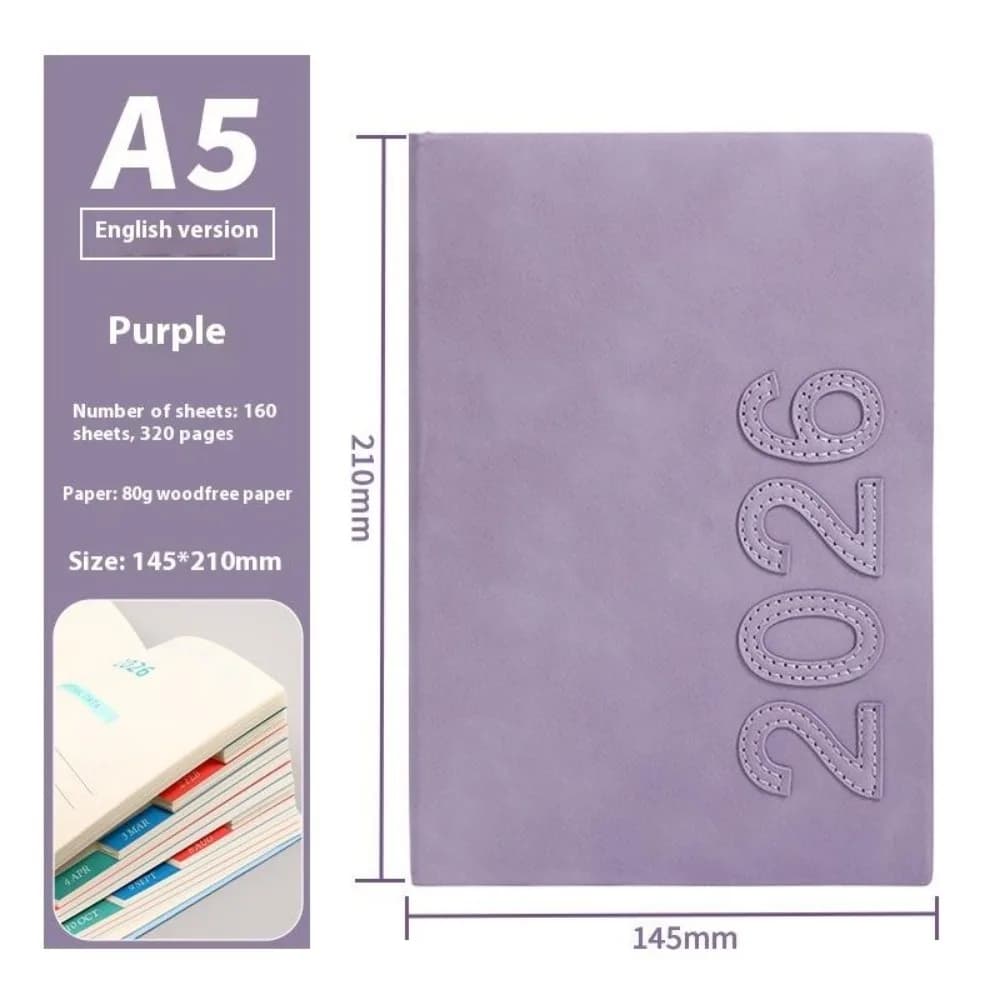 A5 2026 Agenda Libro Texturizzato PU Calendario Libro Planner Promemoria Versione inglese Planner Notebook Agenda giornaliera Lista delle cose da fare