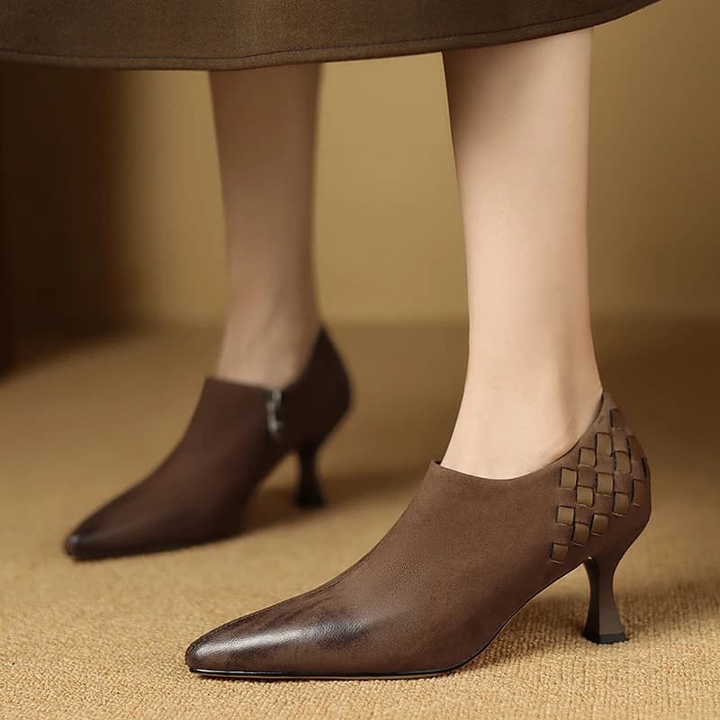 Nuove Scarpe da Donna Primaverili e Autunnali in Vera Pelle di Pecora Spazzolata con Tacco Alto e Cerniera Laterale, Modello Elegante a Punta Profonda