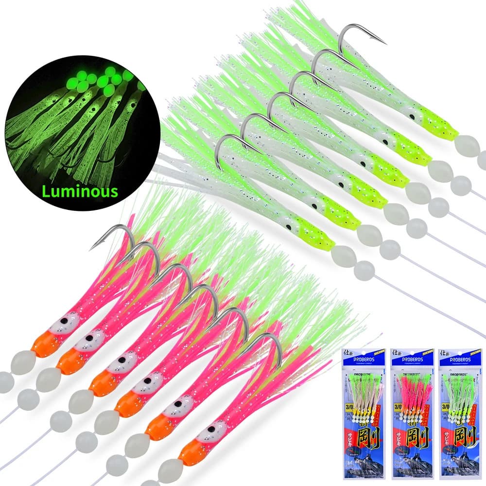 1 set 6 ganci luminosi polpo sgombro piume sabiki esche impianti di perforazione con esche a corda pesca calamari maratona impianti di pesca set di esche da pesca