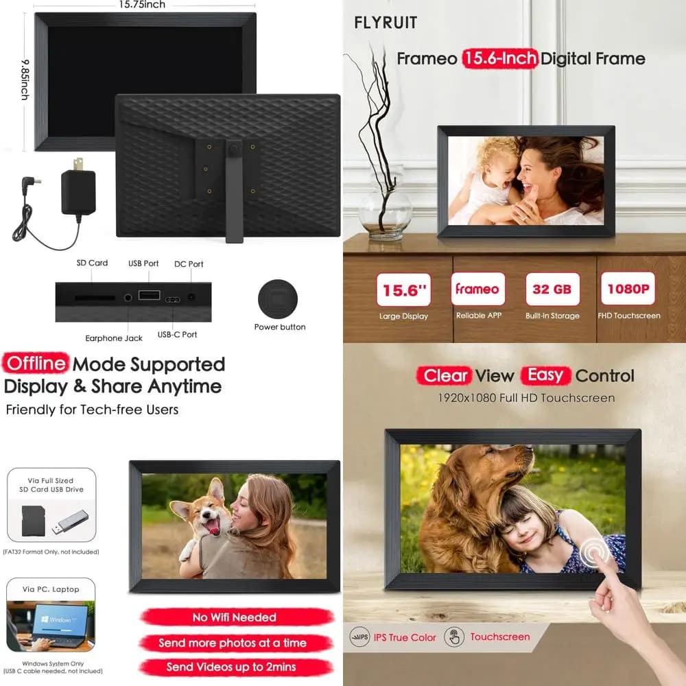 Portafoto digitale WiFi 15.6, Frameo, Touchscreen Full HD, 32 GB, Condividi foto e video in modo istantaneo