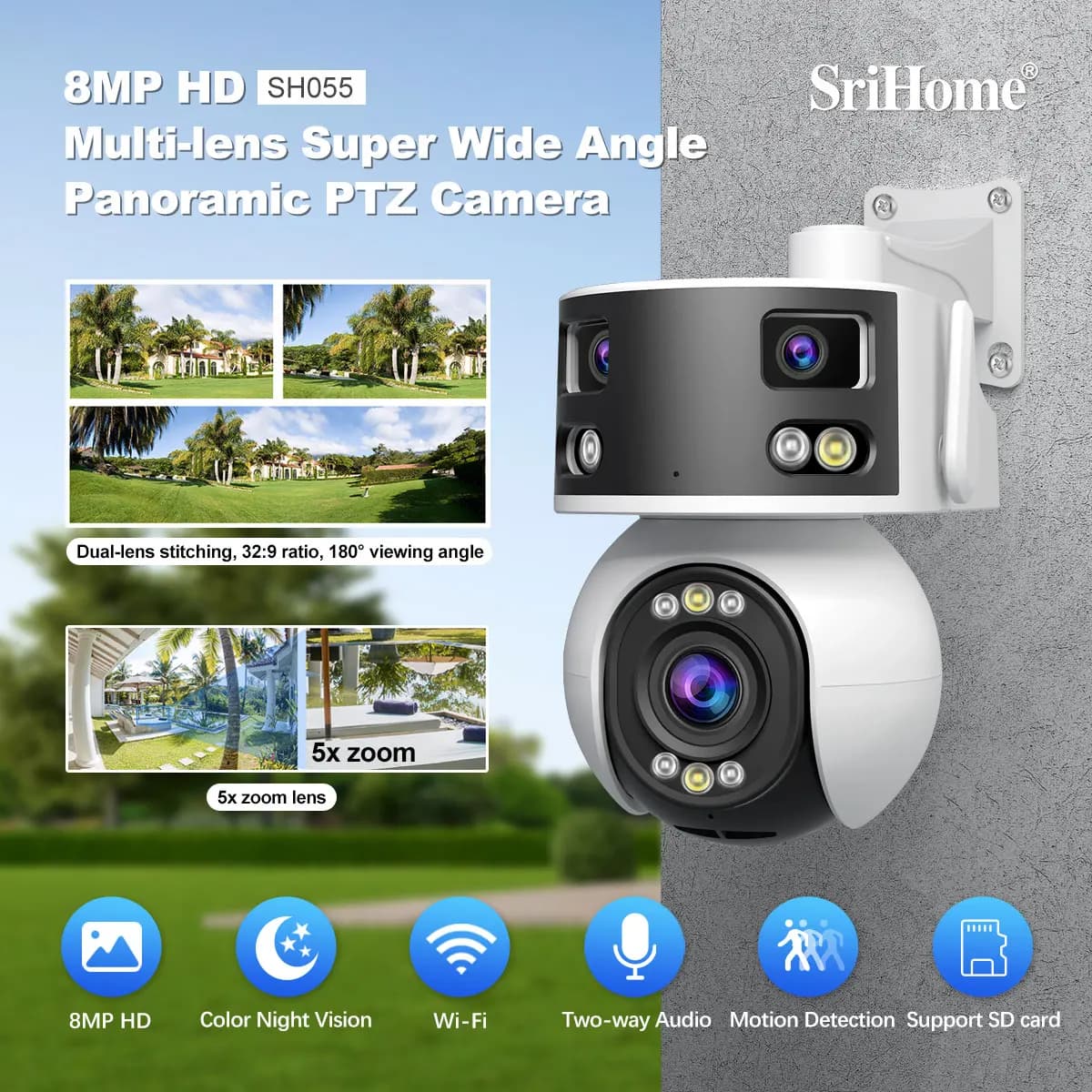 Srihome SH055 8MP 5X Zoom Tripla Obiettivo 160 Gradi WIFI IP Dome Telecamera a Colori AI Rilevazione Umanoide CCTV Monitor