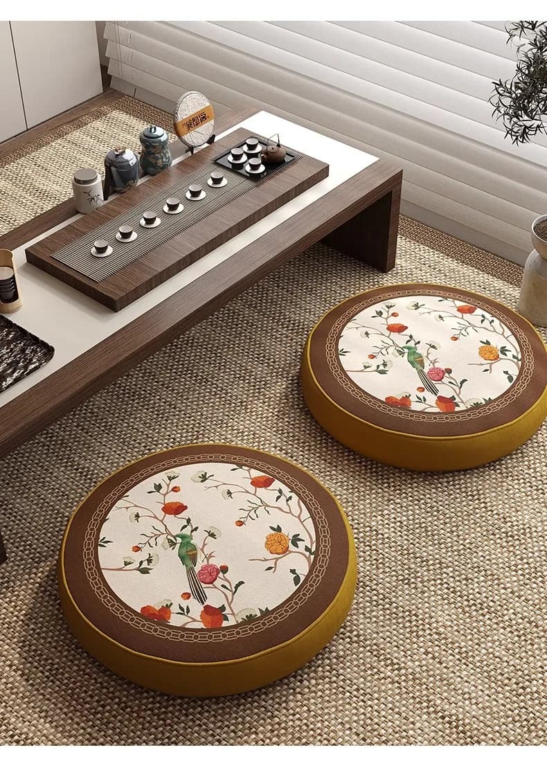 5cm Thick 45cm Round New Chinese Style Cotton Linen Zen Meditation Cushion for Tea Room Balcony Tatami Hard Support Meditators