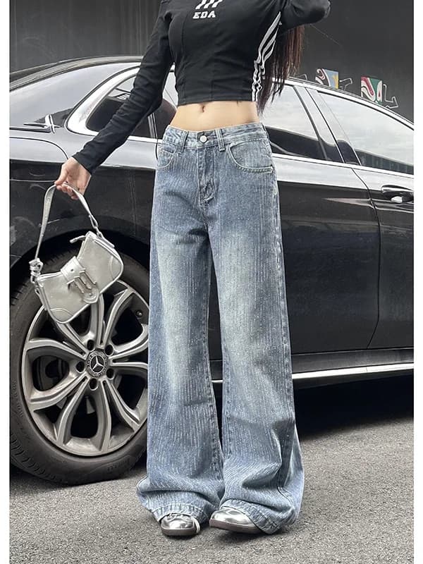 Jeans in denim a vita bassa con ricami elaborati, design autunnale da donna, pantaloni larghi a gamba dritta, brillanti e scintillanti, alla moda e casual