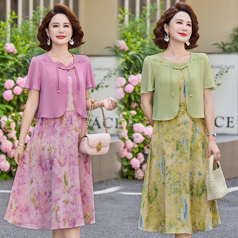 Summer Women's chiffon Floral Printed Fake Two Pieces Vestidos Ladies Casual Short Sleeve Midi Robe Femme Elegant Dress