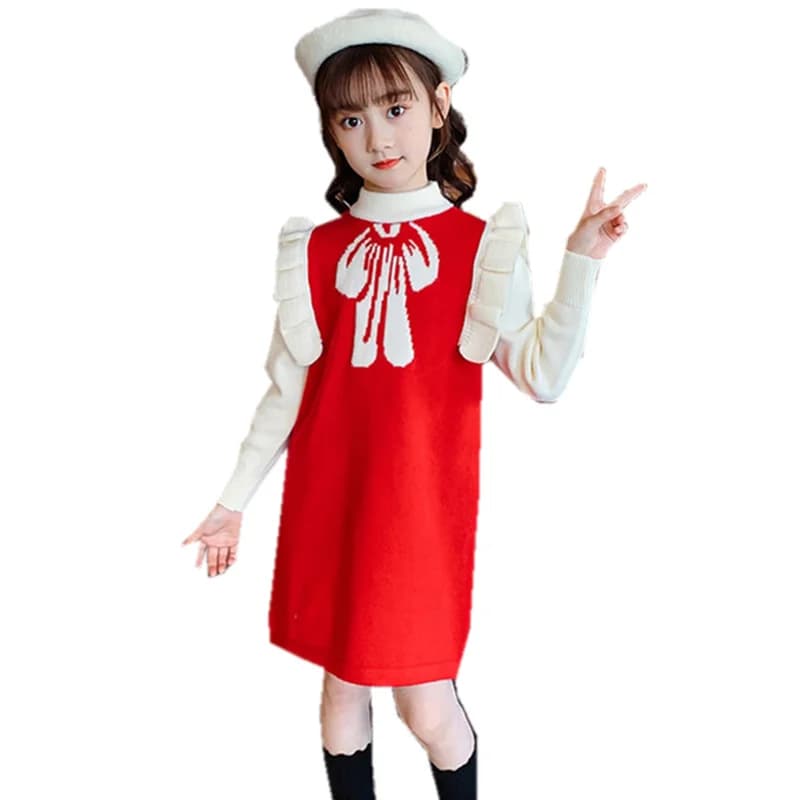 Abito maglione da principessa per ragazza di Capodanno con maniche a volant Top in maglia Capispalla Maglieria per bambini con fiocco Abbigliamento natalizio per bambini