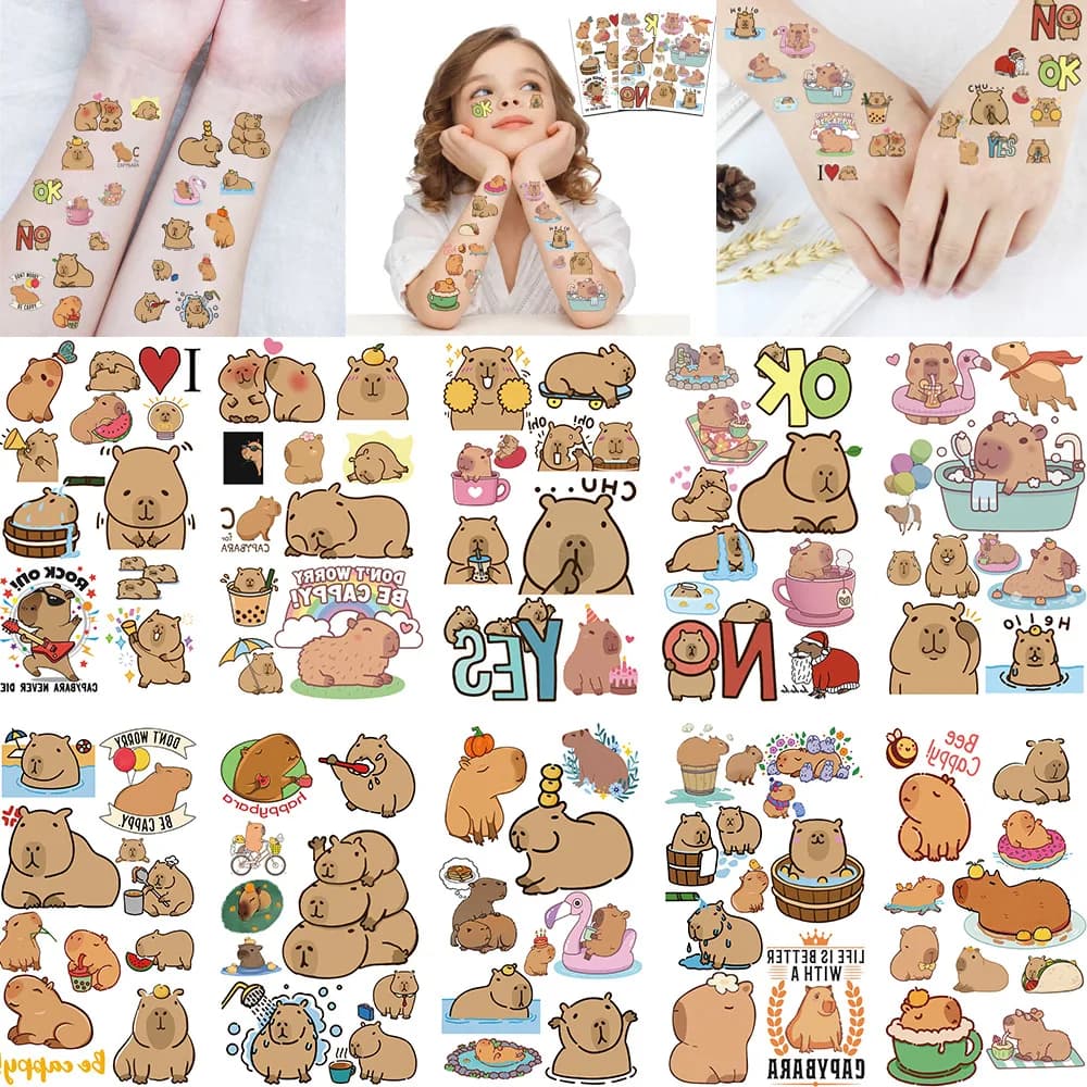 10 adesivi tatuaggio temporanei a forma di capibara, simpatici adesivi tatuaggio animali dei cartoni animati, regalo kawaii per compleanno e Natale