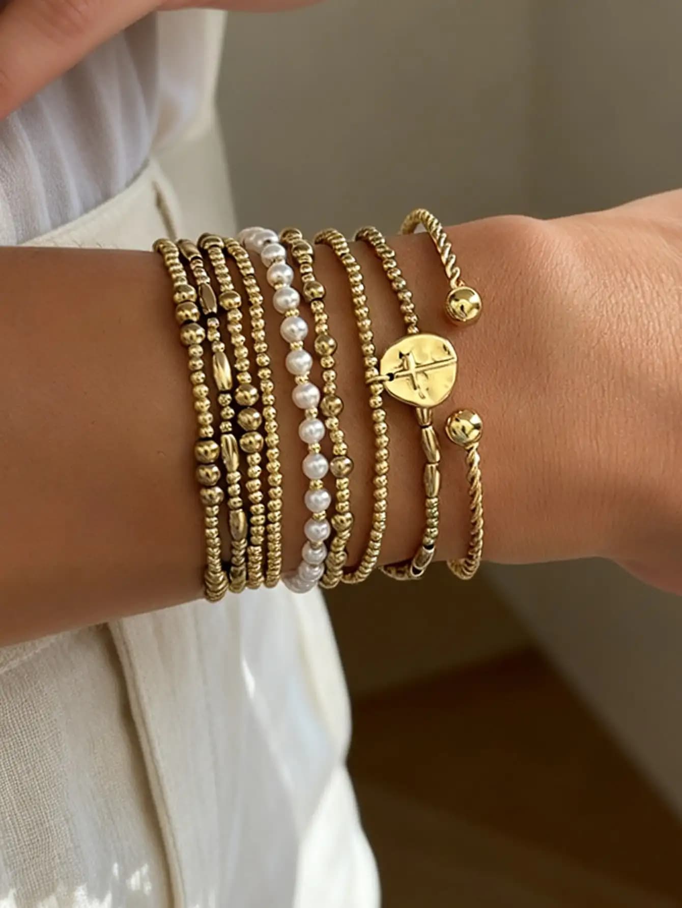 9pcs CCB & Faux Pearl Bracelet Set, Cross Decor Multi-Layer Stacking Bracelets, Suitable For Women's Daily, Vacation, Date, Music Festival, Party Accessories