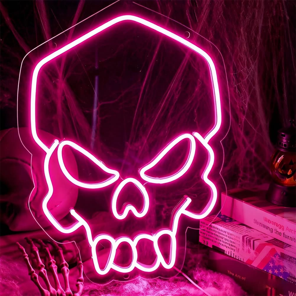 Pink neon light with girl skull - Dimmable USB LED | Nice Halloween scary decoration for girls' room | Modern night lights with skull