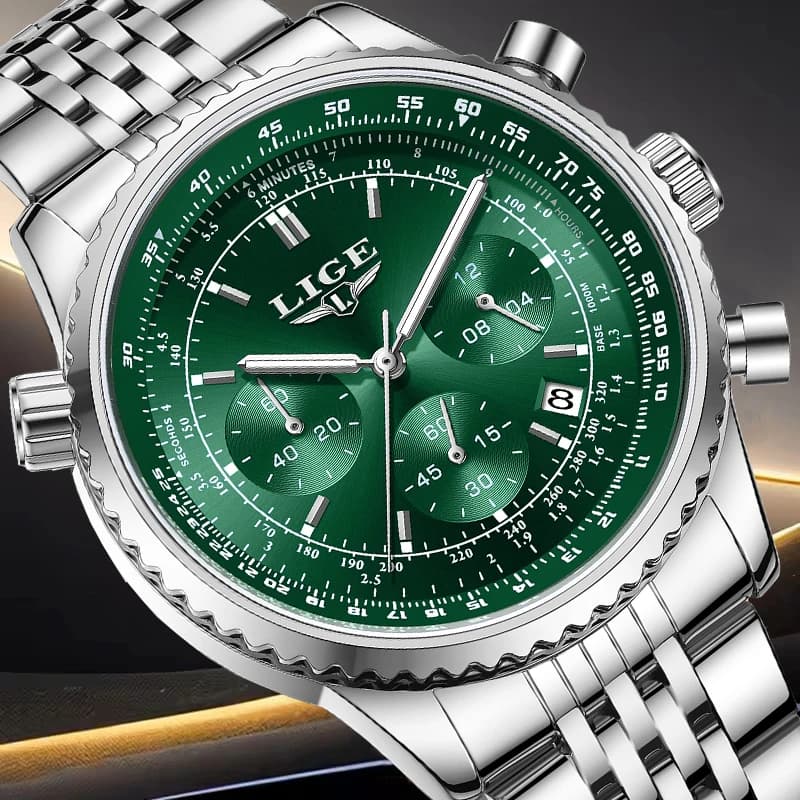 LIGE Fashion Green Men's Watch Casual Sports Military Date Quartz Watches Men's Original Waterproof Men's Brand Luxury Chronograph