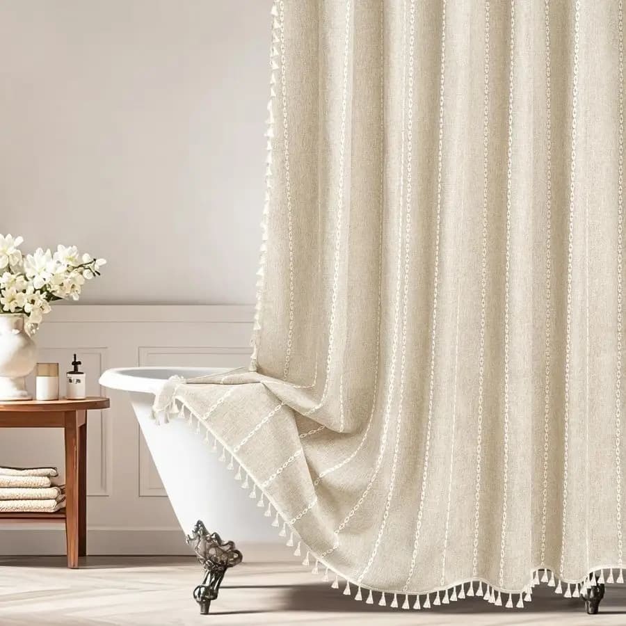 Rustic style shower curtain, heavy, extra long 72 x 76 inches, in textured beige linen fabric with tassels, cream color