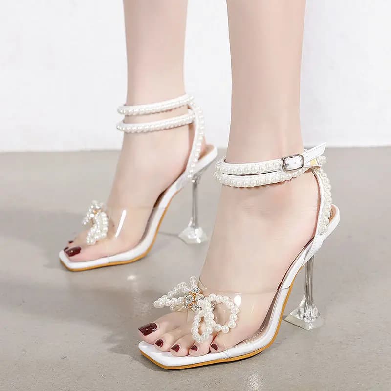 Pearl Rhinestone Butterfly Knot High-heel Sandals Fashion Summer Square Head Transparent Buckle Strap Women Shoe 11CM Bride Shoe
