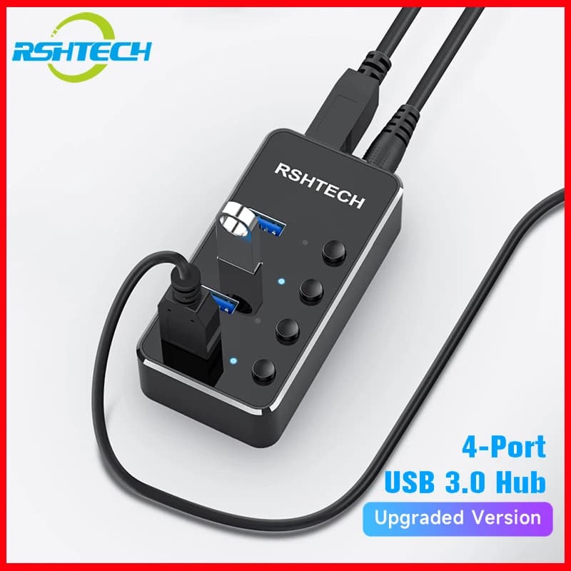 RSHTECH USB Hub 3.0 Expander Splitter con adattatore di alimentazione 5V 2A e interruttori di accensione/spegnimento individuali